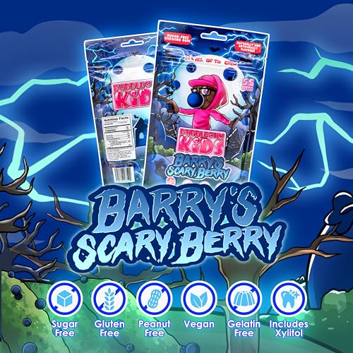 Image of Bubblegum Kids Barry's Scary Berry Sugar Free Gum | Blueberry Flavor Sugarless Gum with Xylitol | Vegan, Low Calorie Candy Alternative for Kids & Adults | Resealable Bag, 55 Pieces Per Pack, 6 Pack