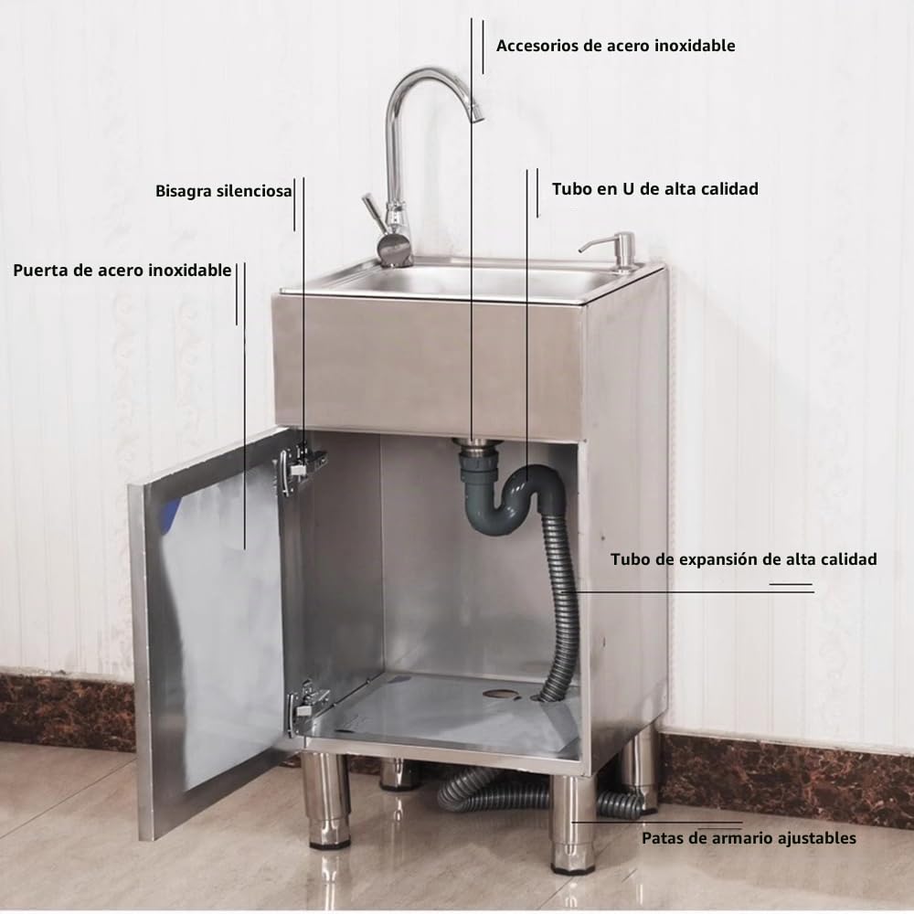 Kit De Fregadero Independiente Para Cocina Exterior Con Mueble, Fregadero Comercial De Acero Inoxidable De Un Seno Con Patas Ajustables Para Exteriores, Fregaderos De Lavandería Para Garajes