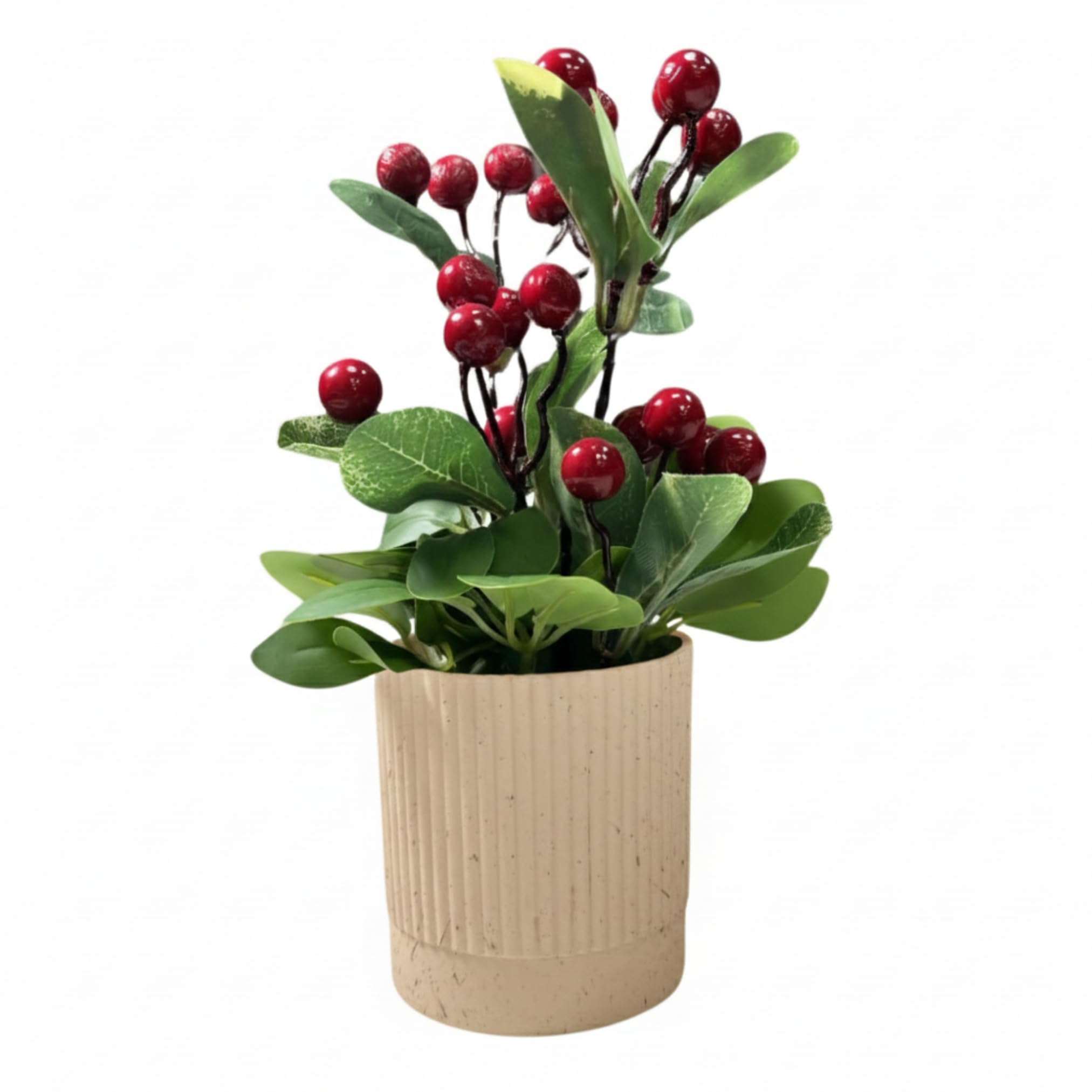 Artificial Potted Plant with Red Berries | Elegant Faux Green Tabletop Plant for Home, Office & Desk Decor | Decorative Indoor Plant with Premium Pot