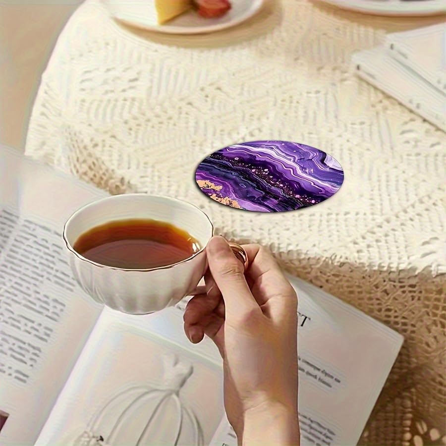Image of 6pcs Coaster Set, Purple Pattern, Size 3.94 * 3.94- Heat Resistant, Suitable Holiday Parties, Coffee Shops, Bookstores, Kitchen Decoration, and Daily Home Decor