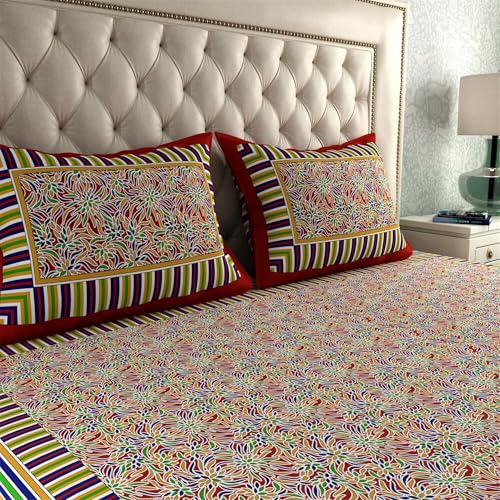 Image of La Verne144 TC 100% Cotton King Size Jaipuri Rjasathani Print Bedsheet with 2 Pillow Covers (Red)