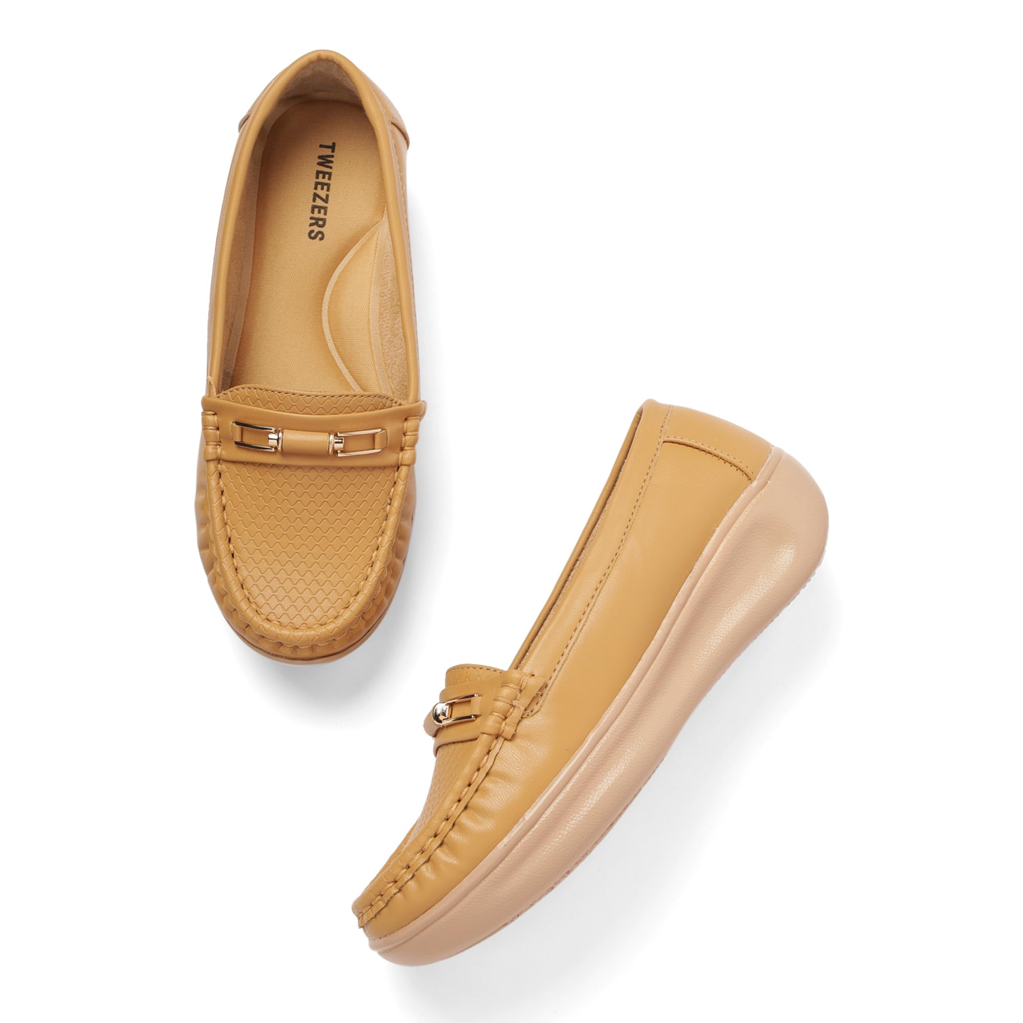 Beige Women’s Platform PU Sole Loafers | Ultra Lightweight I Stylish Slip-On Casual Shoes with Metal Buckle | Comfortable Everyday Mocassins Ballet I for Casual Office Formal Wear LF803-image-0
