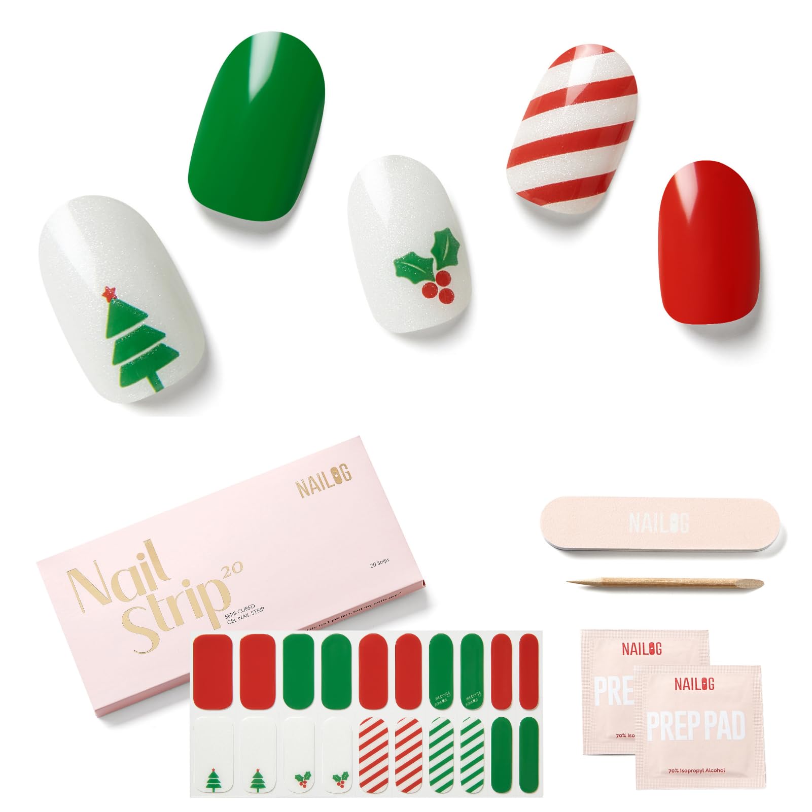NAILOG Noël Ongles Gel Autocollant UV - 34Pcs Vernis Autocollant Ongles UV,French Manucure Nails Wraps DIY Nail Art Accessoire, Festive Fir