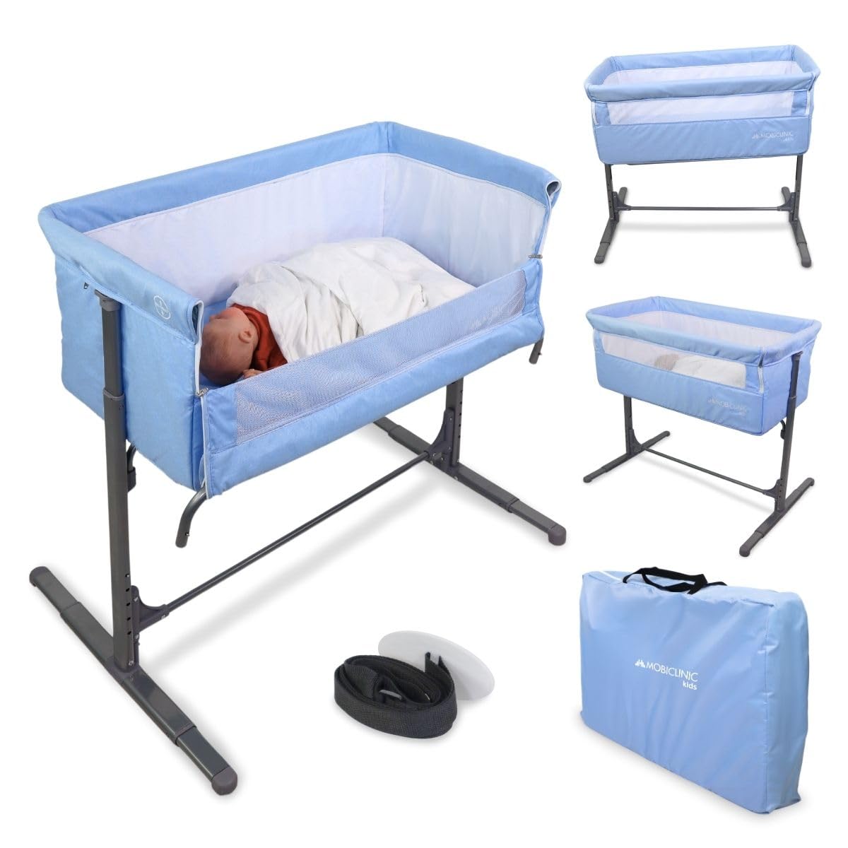 Mobiclinic®, Cuna Colecho, 2 en 1, Sistema de Unión a la Cama, Regulable en 5 Alturas, Bolsa de Transporte, Incluye Ruedas, Malla Transpirable, Base Acolchada, Moon (Celeste)
