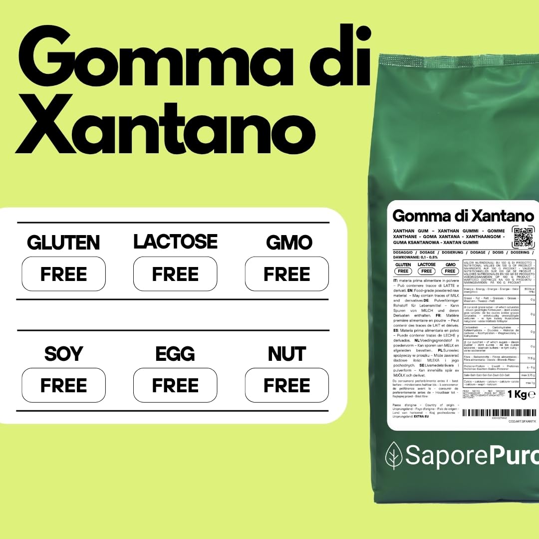 Saporepuro Xantano in polvere 1 kg - Ideale per Gelati, salse, topping, Sorbetti, gel, impasti pizza, mixologi, cucina molecolare - Puro 100%