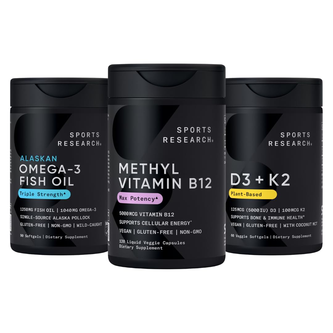 Sports Research® Pack - Plant Based Vitamin B12 as Methylcobalamin 5000mcg + Magnesium Glycinate 160mg + Vegan Vitamin D3 5000iu & Mk7 Vitamin K2 100mcg