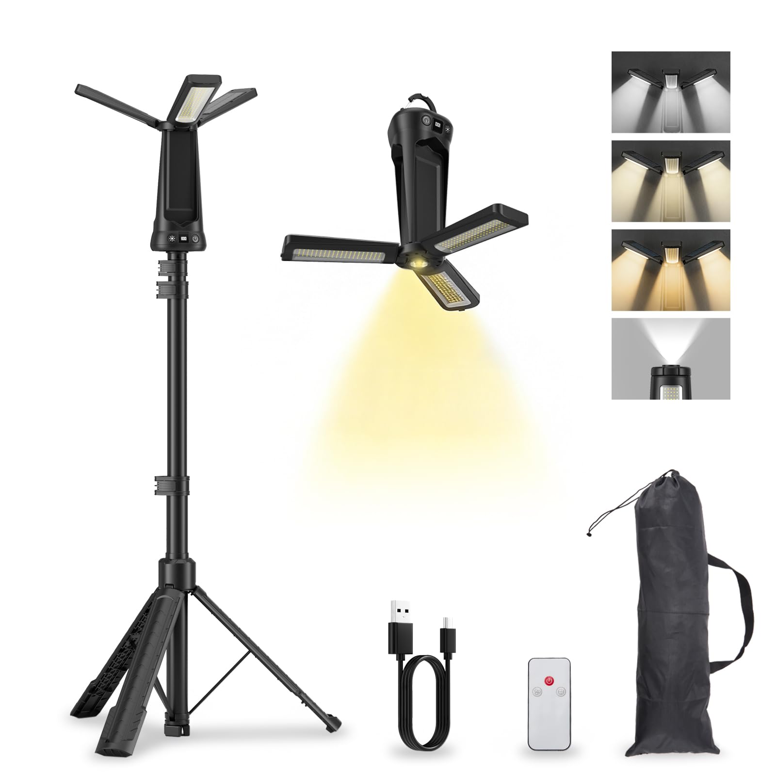 Faro LED Ricaricabile con Telecomando e Treppiede Telescopico（79,5 in), 9000LM Ultra Luminoso Faretto a Batteria,3+1 Teste Luminose, 9000 mAh, Faro da Cantiere per Officine Sport Campeggio Emergenze
