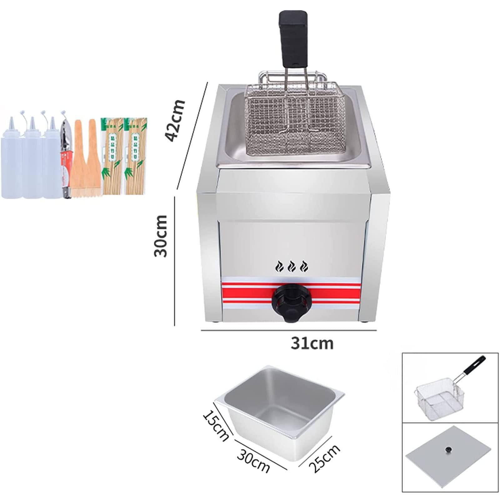 Friggitrice a Gas di Grande capacità 10/20/30 L, Friggitrice Commerciale in Acciaio Inossidabile con Cestelli E Coperchi, per Patatine, Ciambelle, Pesce,A10L