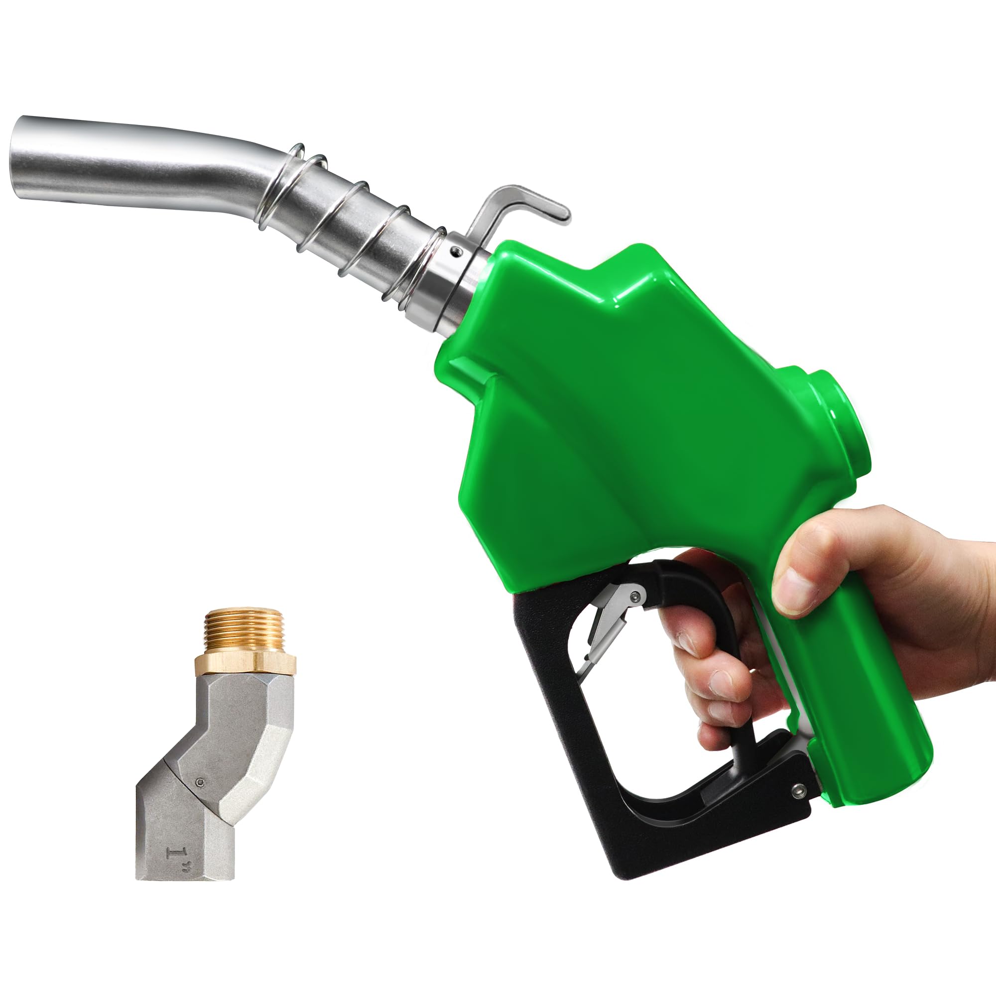 Azdele Boquilla de combustible de 1 pulgada con gancho y NPT Swievl verde apagado automático de 1-3/16 pulgadas (OD = 30 mm), clip abierto de sujeción de candado de 3 velocidades