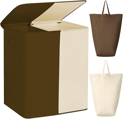 WOWLIVE Cesta de lavandería doble con tapa y bolsas de lavandería extraíbles, cesta grande de 154 litros, cesta de ropa sucia plegable de 2