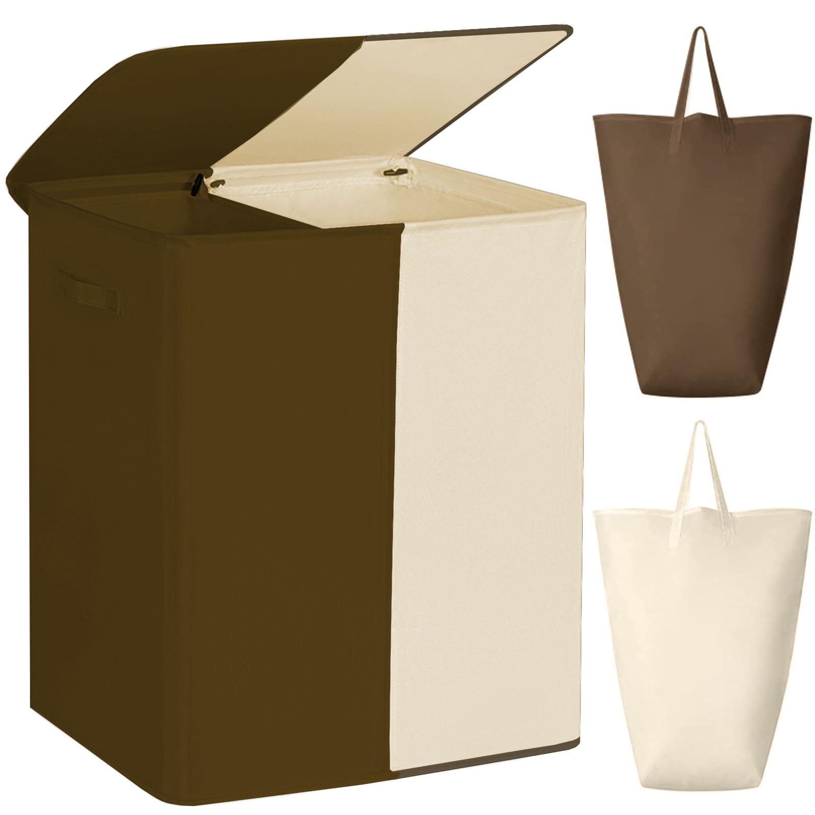 WOWLIVE Double Laundry Baseket with Lid and Removable Laundry Bags,154L Large Laundry Hamper 2 Section Collapsible Dirty Clothes Hamper for Laundry Room,College Dorm,Bathroom,Brown and Beige