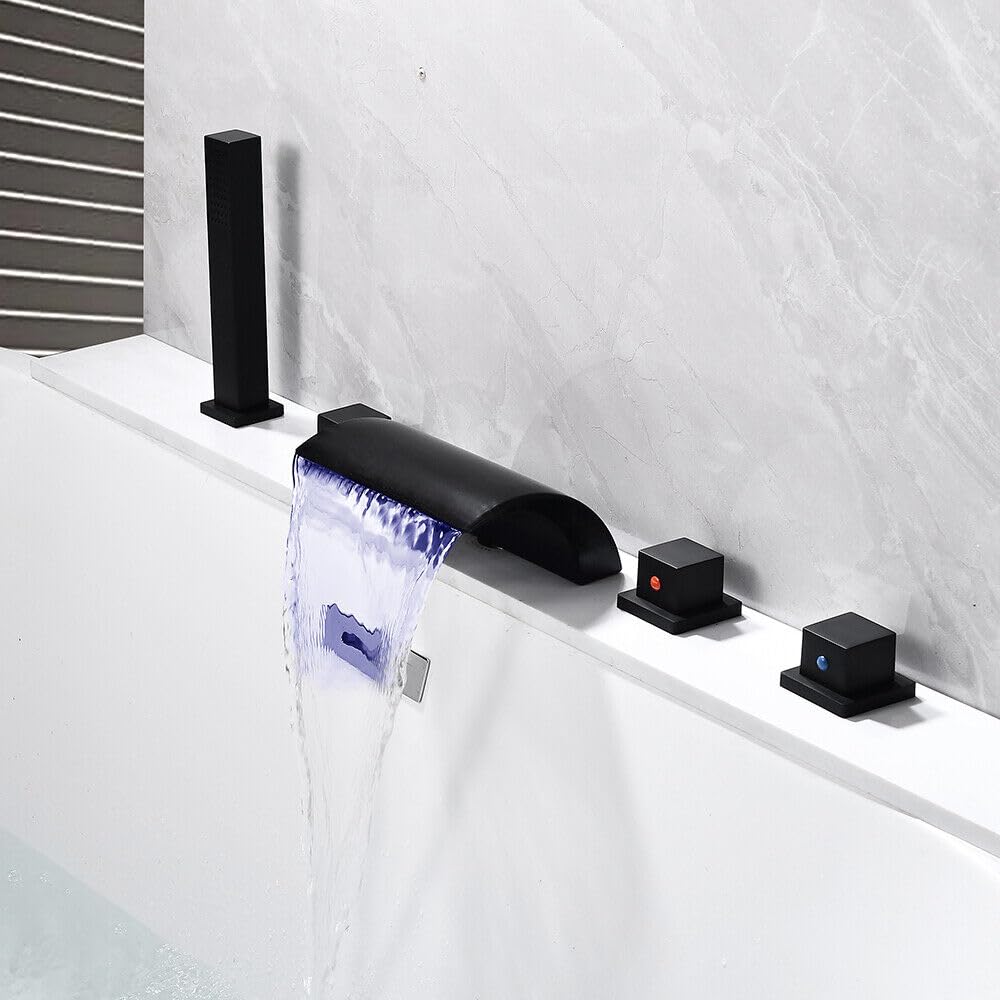 Badewannenarmatur LED Wasserfall 3 Farben LED Wasserfall Duschset mit Brause Wasserhahn Duscharmatur 5 Loch Set Wannenrandarmatur Fliesenrandarmatur Duschset Schwarz Duschsystem