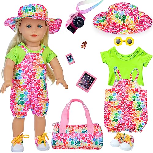 deAO 18 inch Doll Clothes and Accessories,Baby Doll Accessories Bag with 10 PCS Baby Feeding Accessories, Doll Feeding Pretend Playset for Kids Girls with Doll Clothes, Camera Toy,Phone Toy