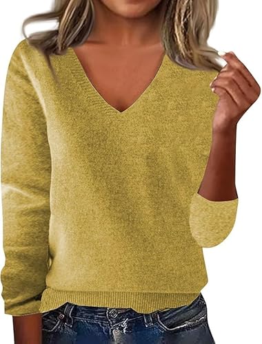 Women's Cashmere Sweaters Classic Fit V Neck Long Sleeve Sweater Fall Winter Warm Knitted Pullover Jumper Tops (Yellow,Large)
