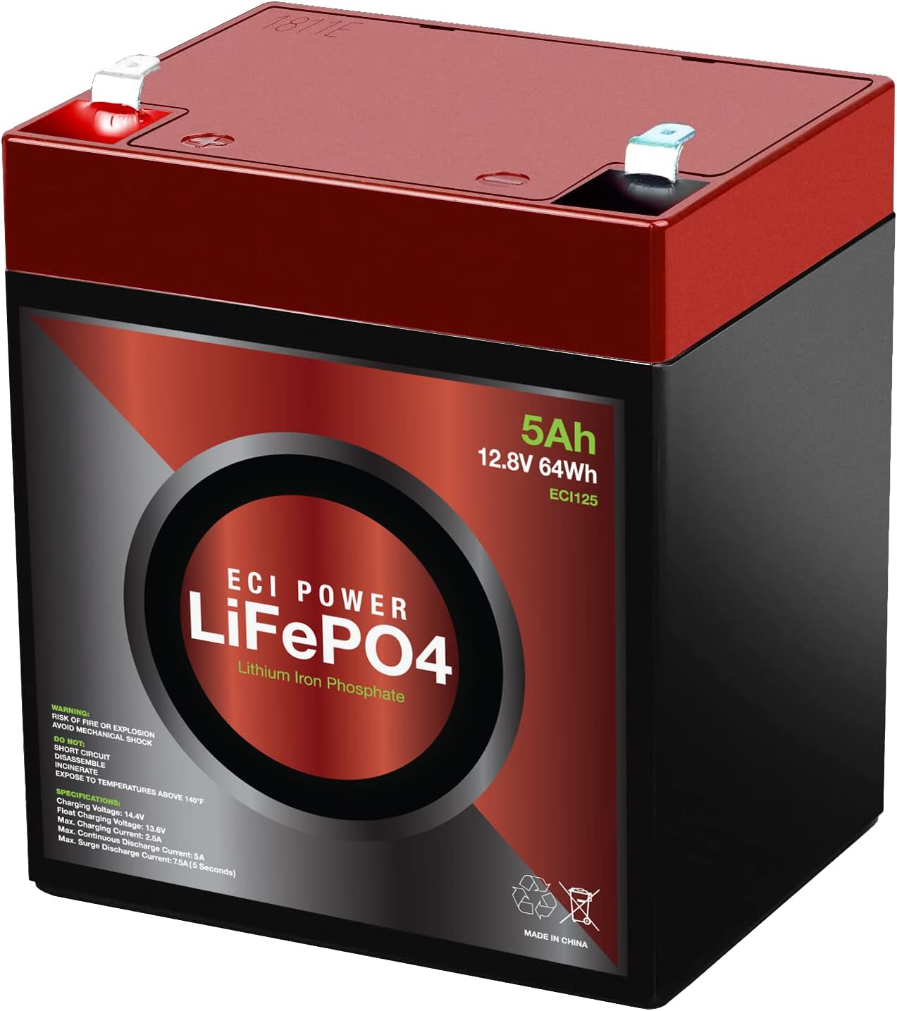 12V 5Ah Lithium LiFePO4 Deep Cycle Rechargeable Battery | 2000-5000 Life Cycles & 10-Year Lifetime | Built-in BMS