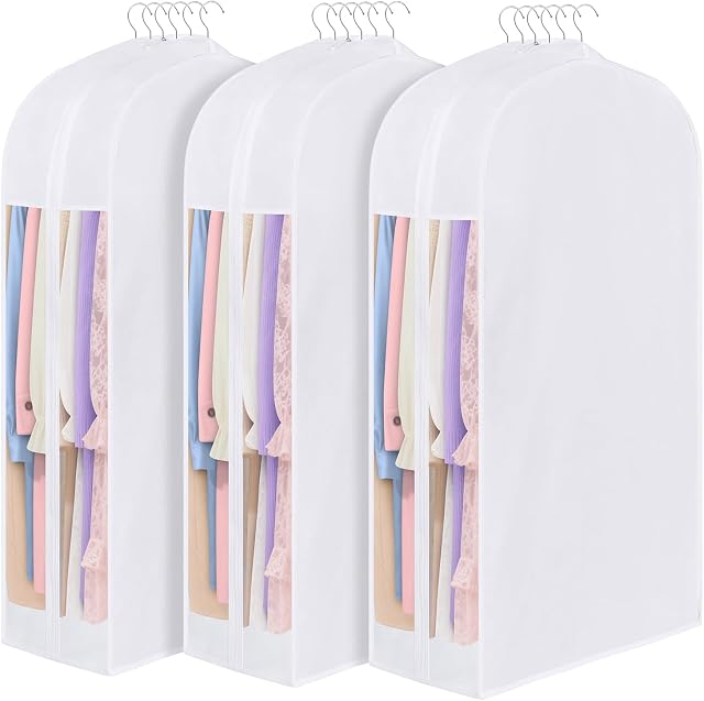 43" Sac en coton pour accrocher les vêtements et le rangement, 3 Pack Sacs à combinaison respirant pour rangement 10" Large Gusset et fenêtre claire pour les vêtements, les robes courtes, les vestes, les chandails