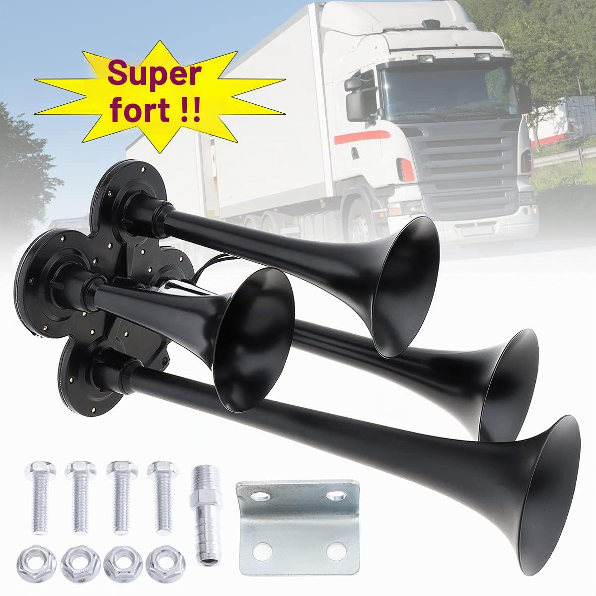 Klaxon de Train à 4 Trompettes 12V 178dB Super Fort Noir Quatre Trompettes de Voiture Klaxon d'Air pour Voitures Camions Bateaux SUV Motos Véhicules