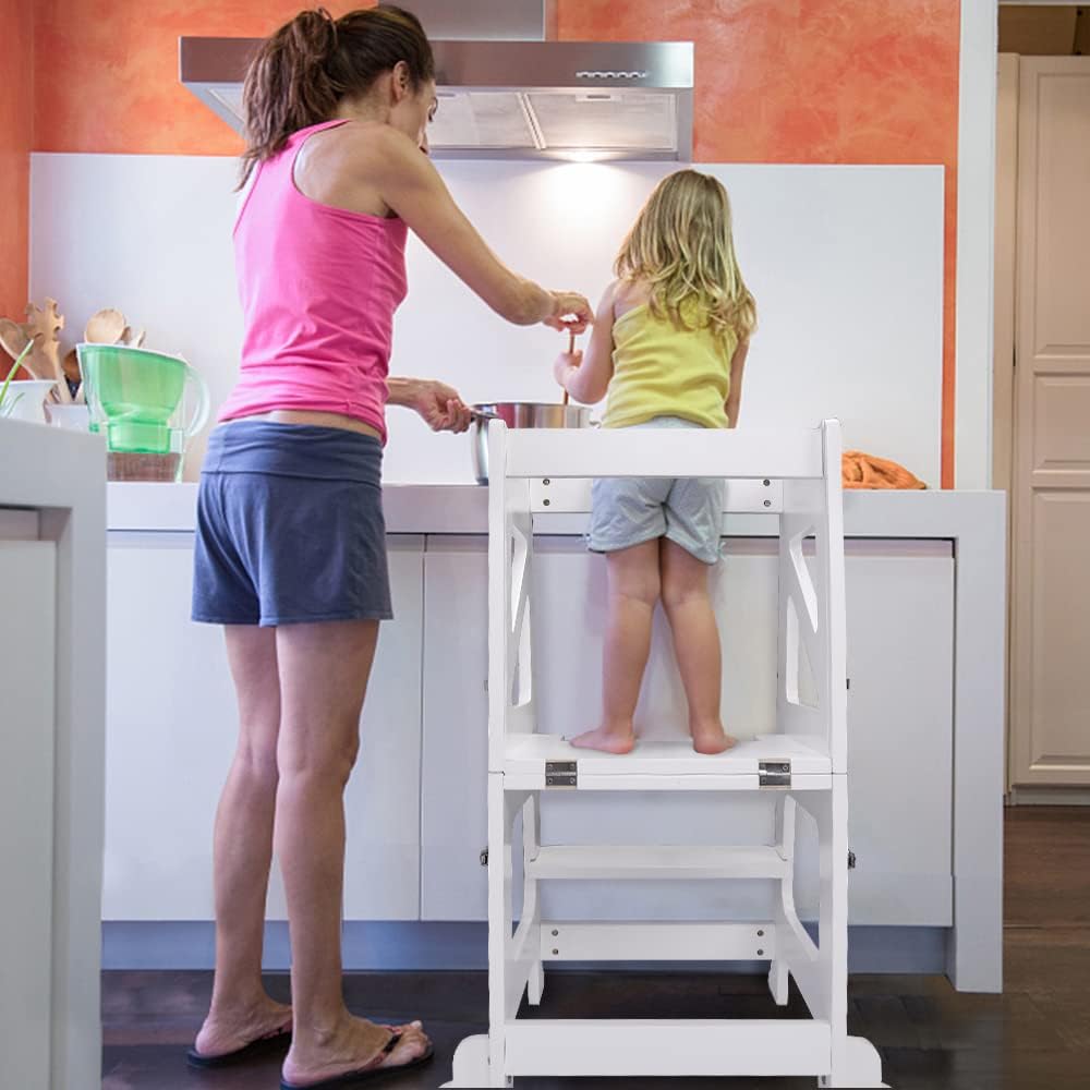 2in1 Lernturm Kinder Tritthocker Lernstuhl Kinderhocker Faltbarer Kinderschemel für Baby,mit doppelseitiger magnetischer Tafel,Umweltschutz,Küchen-/Badezimmerhelfer (Weiß)