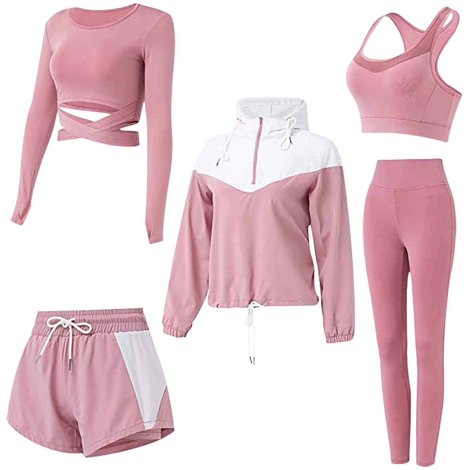 Jogginganzug Damen Set- 5 Teiligs Sport Set Workout Outfits Für Frauen Trainingsanzug Gym Fitness Kleidung Outsits Laufbekleidung Sportkleidung Langarm Yoga Leggings Kapuzenjacke Crop-Tanktop Shorts