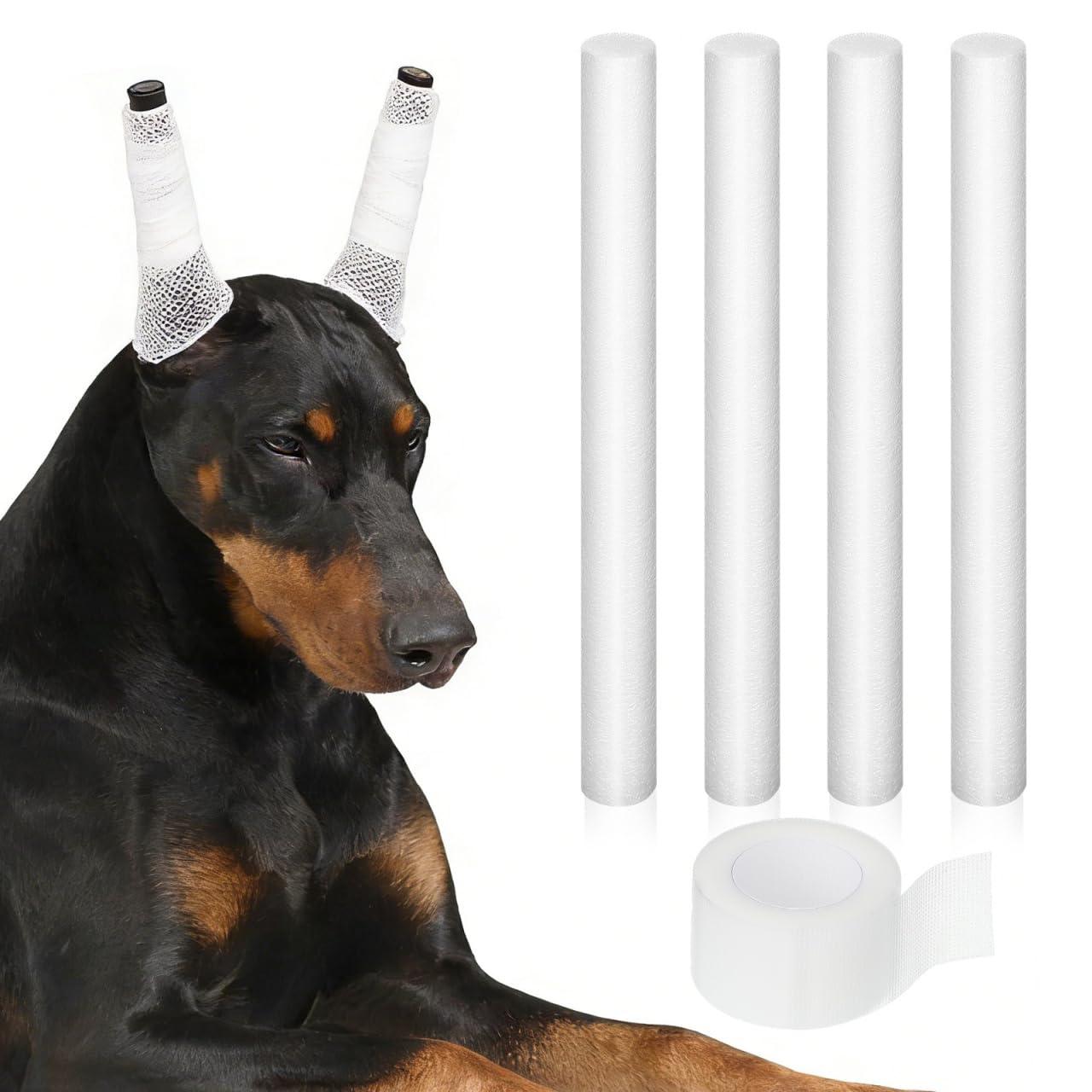 Hemobllo Dog Ear Posting Kit – 5pc Set with 4 Soft Foam Support Rods & 2.5cm Breathable Adhesive Tape – DIY Ear Correction for Doberman, Samoyed & Large Breed Puppies