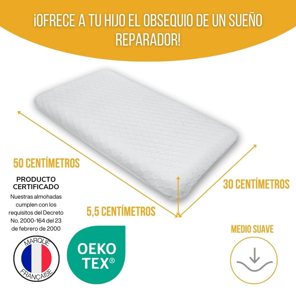 Inphysio® Almohada para Niños de 2 años, Cojín para Niños, Almohada Plana, Almohada de Espuma con Memoria, Almohada Ergonómica Cervical, Cojín para Bebés, Hipoalergénica, 50 x 30 x 5,5 cm