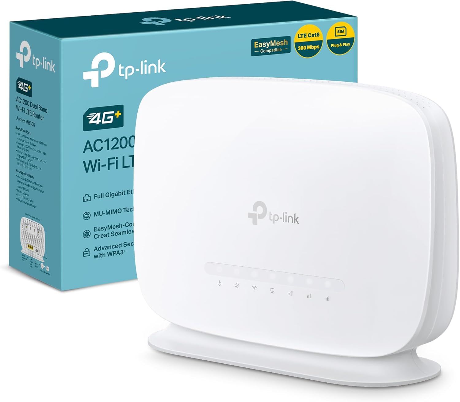 Archer MR505 Router 4G+ Cat6 fino a 300Mbps, Wi-Fi Dual Band AC1200Mbps, Porte Gigabit LAN/WAN, Router WiFi con SIM, SIM Card Plug&Play, Tecnologia EasyMesh, Beamforming e MU-MIMO, APP Tether - Router
