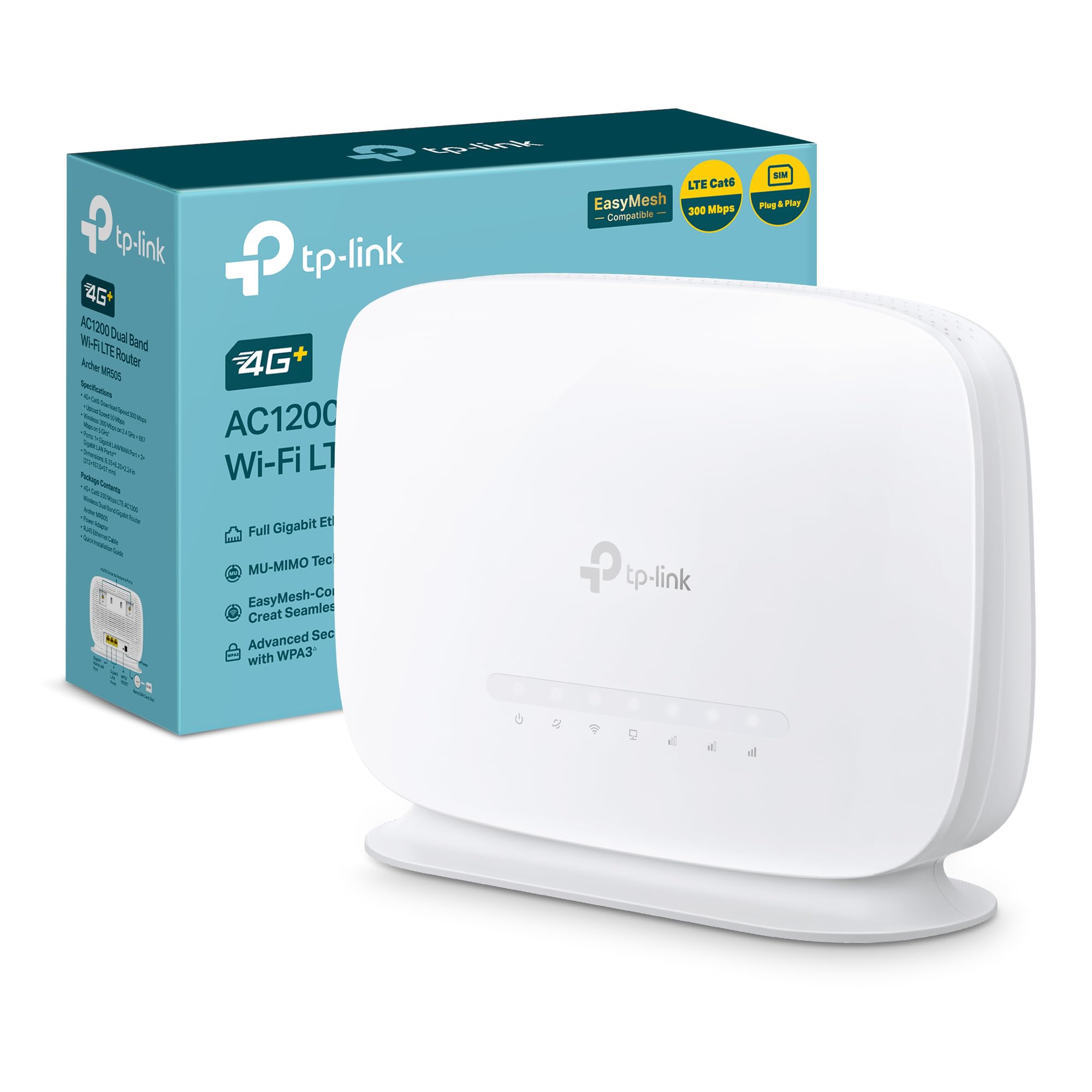 TP-Link Archer MR505 Router 4G+ Cat6 fino a 300Mbps, Wi-Fi Dual Band AC1200Mbps, Porte Gigabit LAN/WAN, Router WiFi con SIM, SIM Card Plug&Play, Tecnologia EasyMesh, Beamforming e MU-MIMO, APP Tether