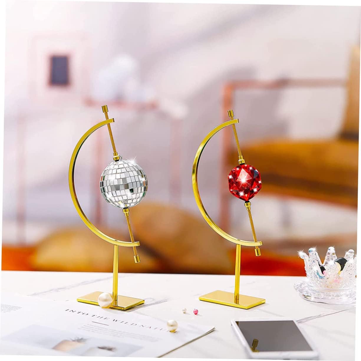 LIFKOME Golden Metal Caliper Crystal Ball Display Stand Adjustable Sphere Holder Elegant Crystal Display Rack for Home Decor