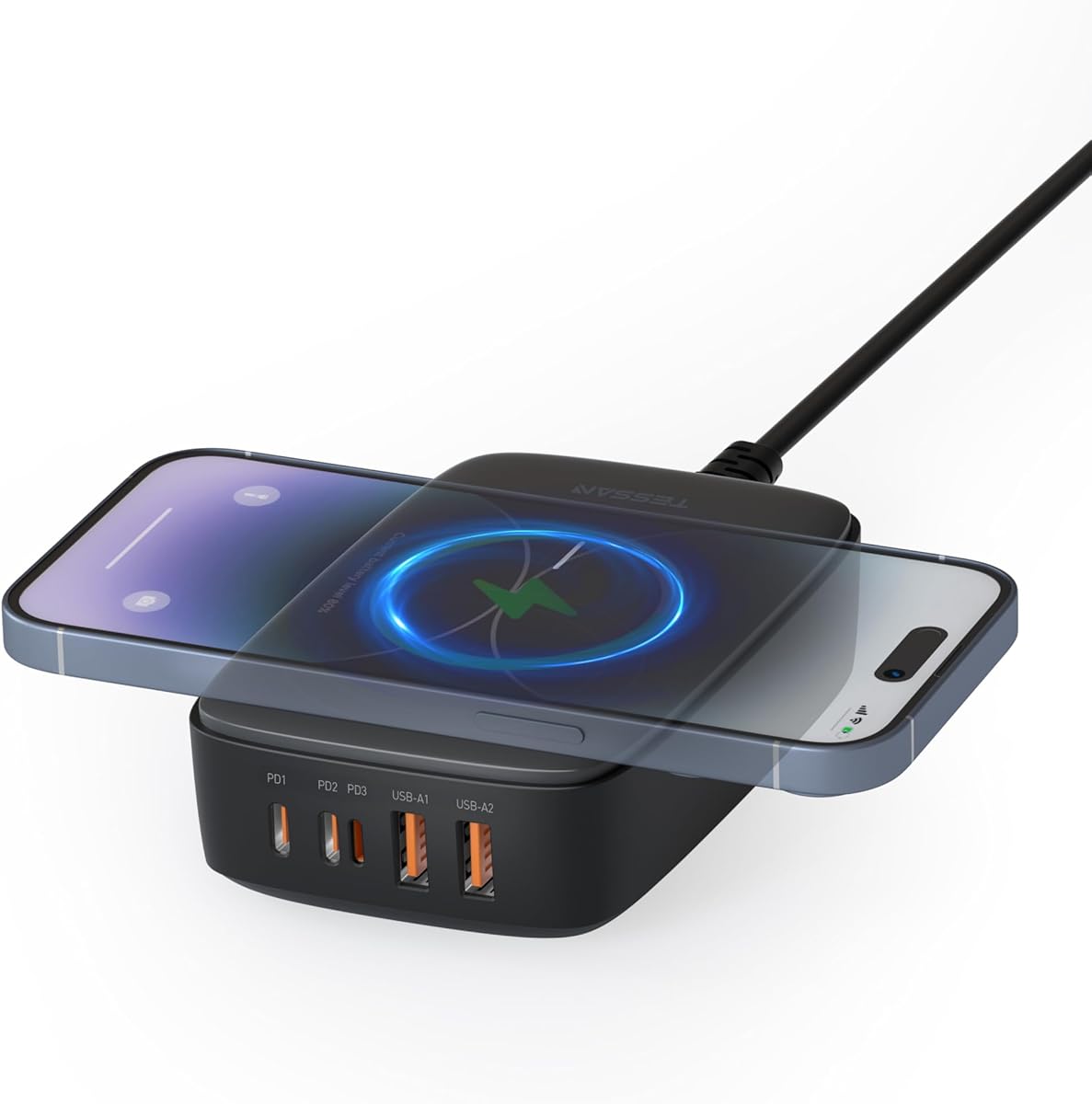 USB Charging Station for Multiple Devices PD 65W, TESSAN 6-in-1 USB C Charger Block with Wireless Charger for iPhone 17/16, MacBook, Tablet, Type C Desktop Charger, Home Travel Office Accessories