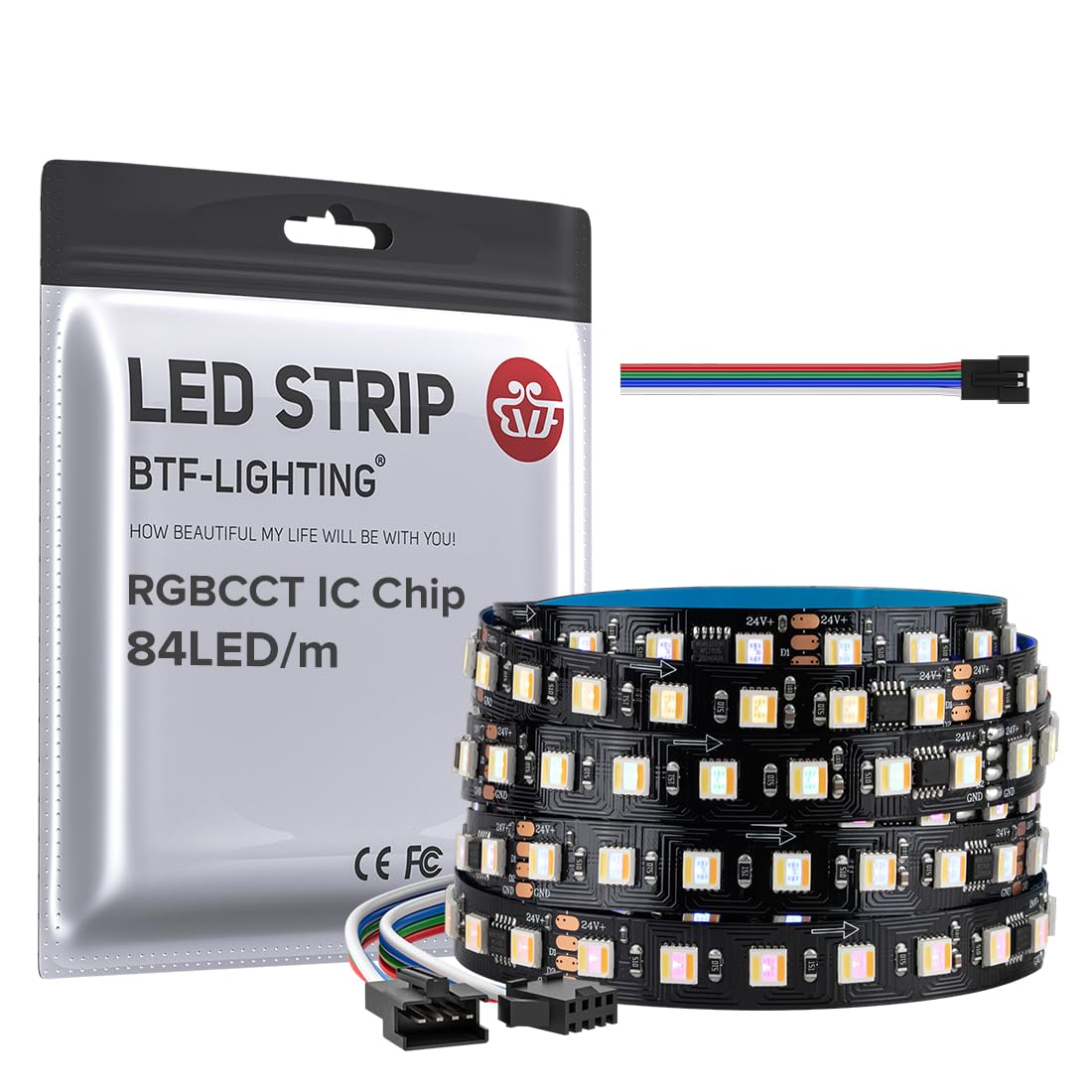 BTF-LIGHTING WS2805 Taśma LED RGBCCT IC 5050SMD adresowalna podwójna taśma sygnałowa LED 5 m 84 diody LED/M DC24 V elastyczne czarne marzenie kolor PCB IP30 do dekoracji DIY (bez kontrolera zasilania)