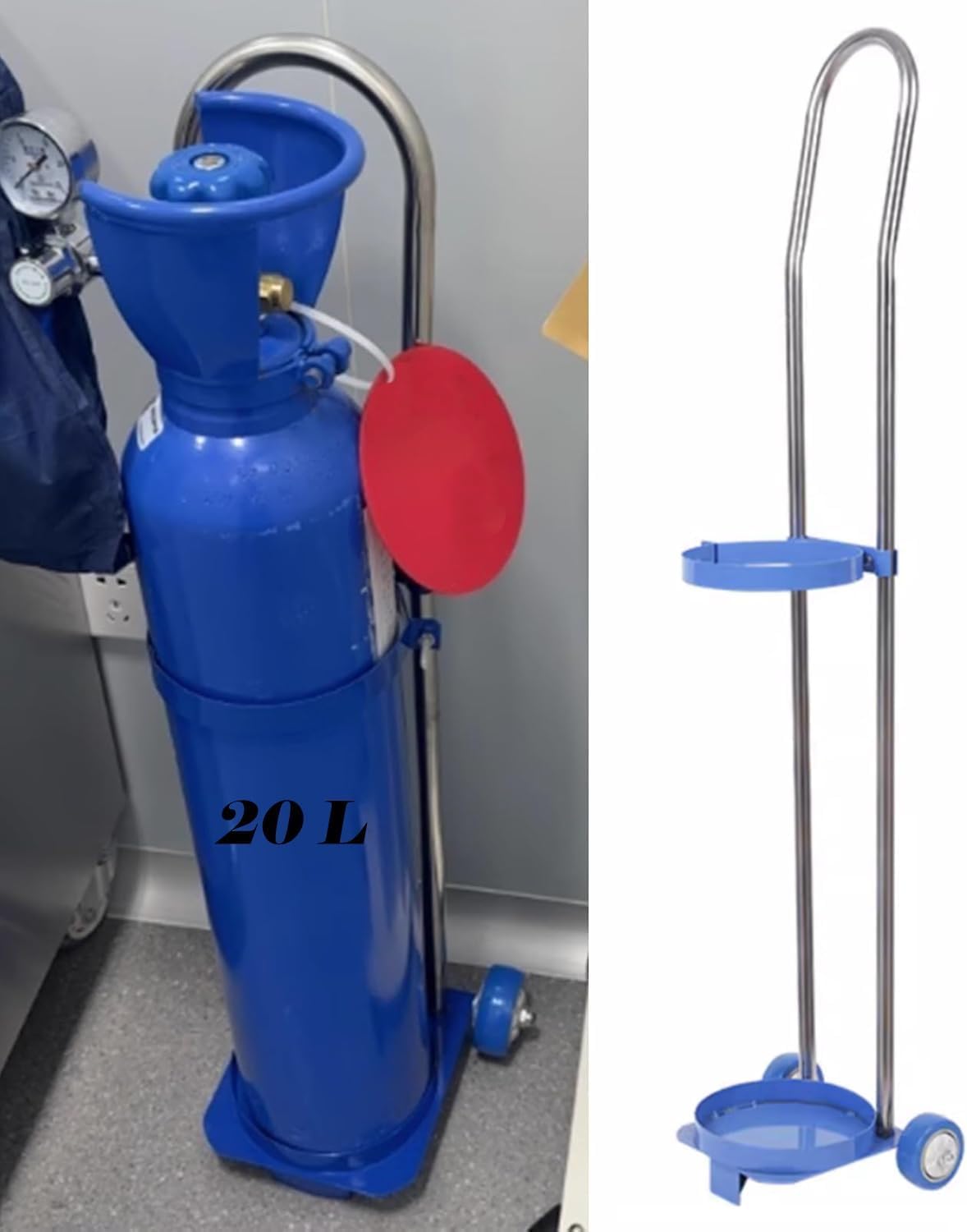 GTHTUHFD Oxygen Cylinder Cart, Oxygen Tank Cart, Stainless Steel Cylinder Cart, Portable Cylinder Trolley With Fixed Ring & 2 Rubber Swivel Casters,Silver-43.3 inch