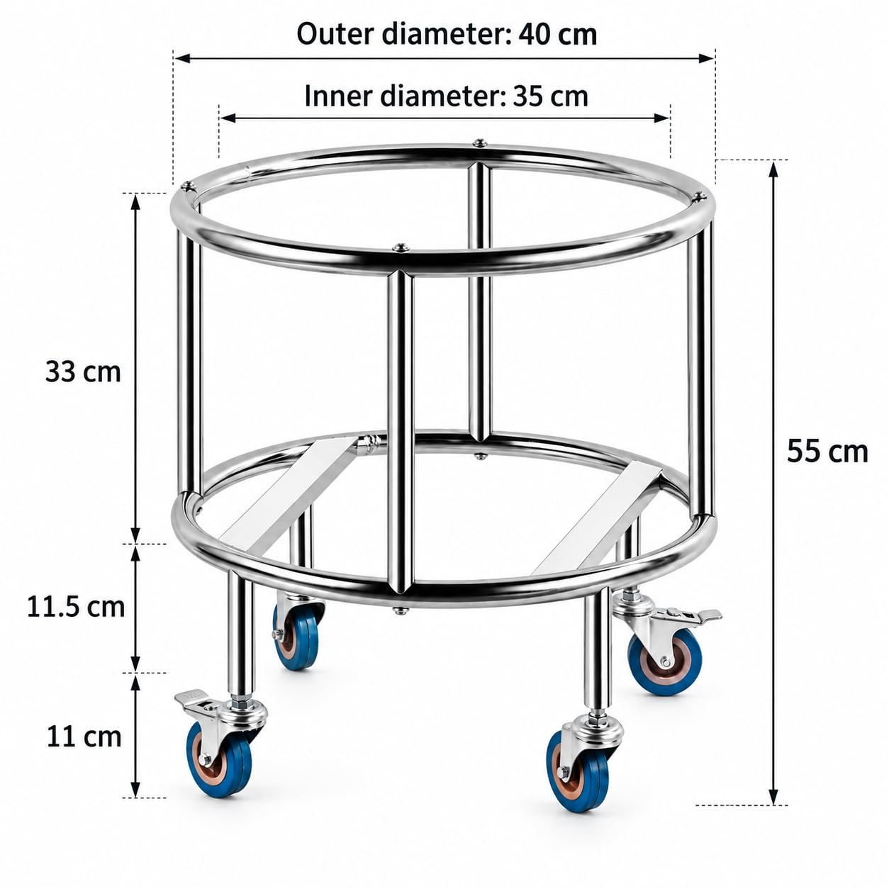 Carrello a secchiello in acciaio inox, 40 cm, base rotonda, 4 ruote