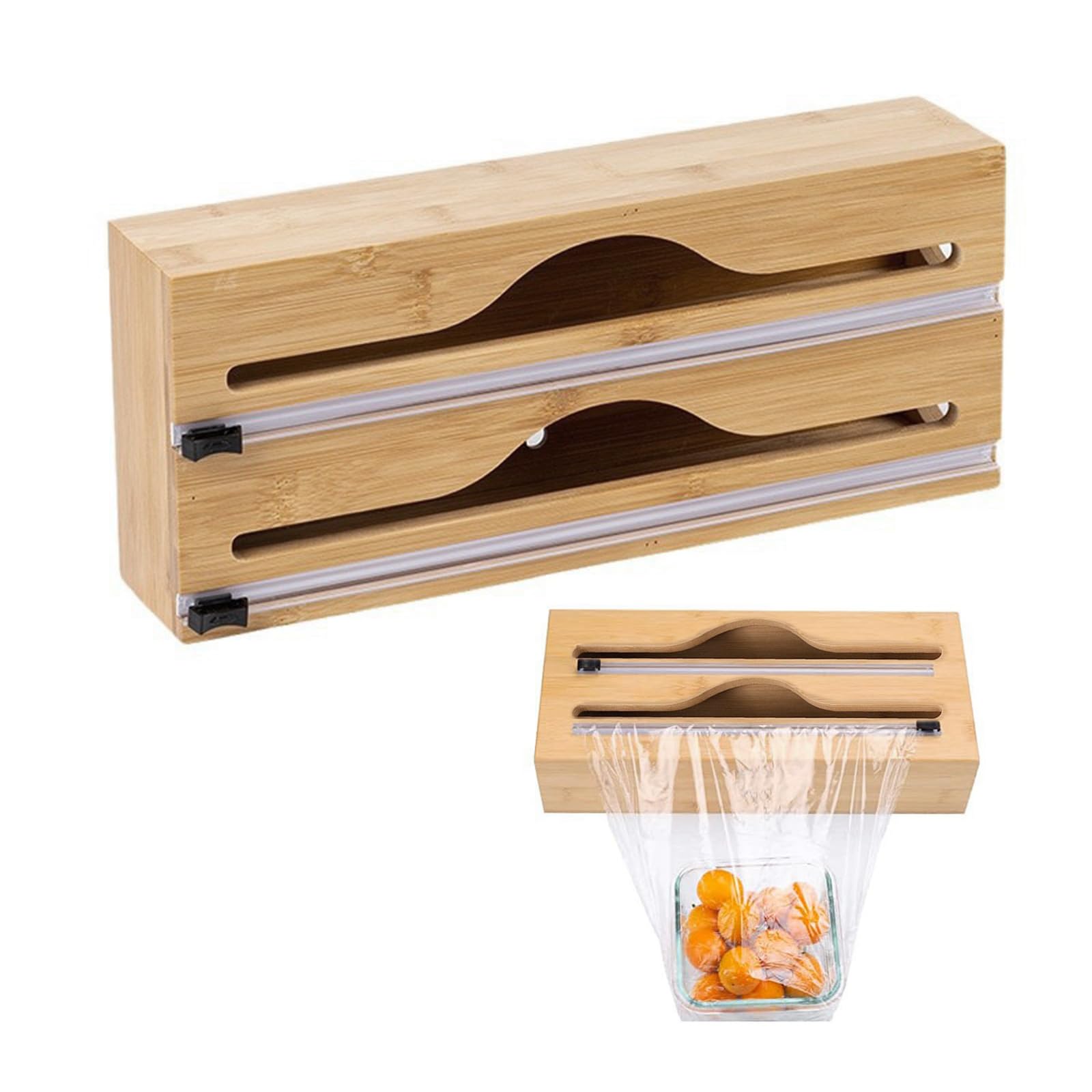 Dispenser per Imballaggi in Legno di bambù 2 in 1, Dispenser per Pellicola e Alluminio, Porta Rotoli Pellicola con Taglierina, per Tagliare Pellicola, Carta Stagnola, Carta da Forno