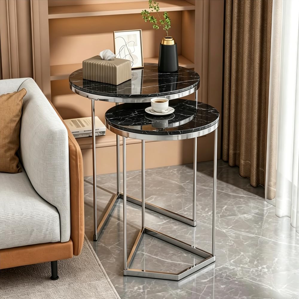Rainbow Tree Set of 2 Nesting Coffee Tables for Living Room, Black Marble Nest of 2 Nested Tables Sofa Side Table Coffee Table End Tables Space Saving