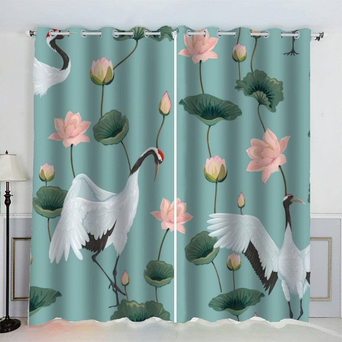 VASENA Japanese Style Curtains Lotus Crane Blue 3D Pattern Eyelet Thermal Insulated Room Darkening Blackout Window Drapes for Bedroom Living Room Home Decoration (W234xL137cm) — image 1