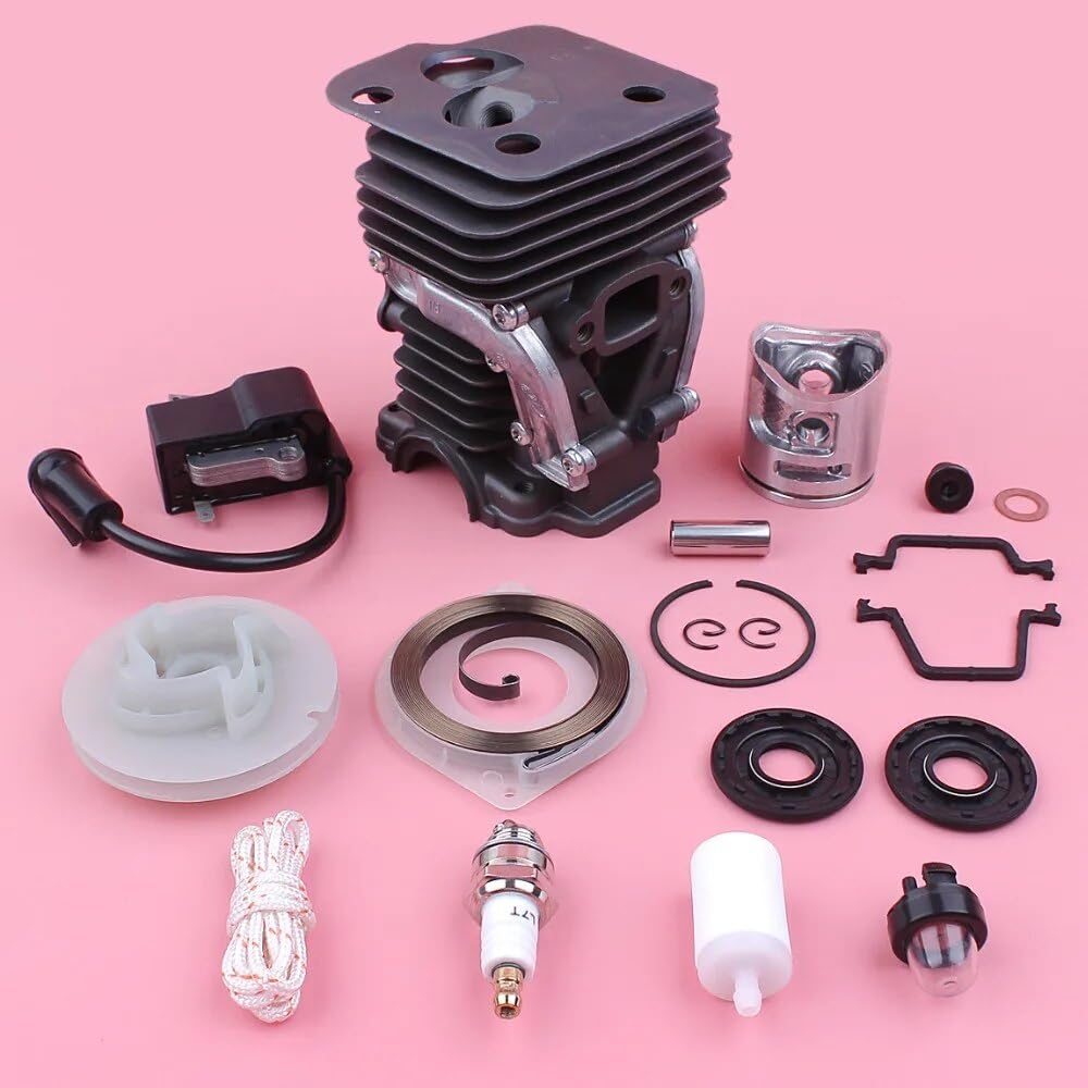 Kit de pistón de bobina de encendido de cilindro, for pieza de motosierra Husqvarna 445 445E, polea de arranque de retroceso, sello de aceite de resorte, bombilla de cebado de 42mm Kits de pist