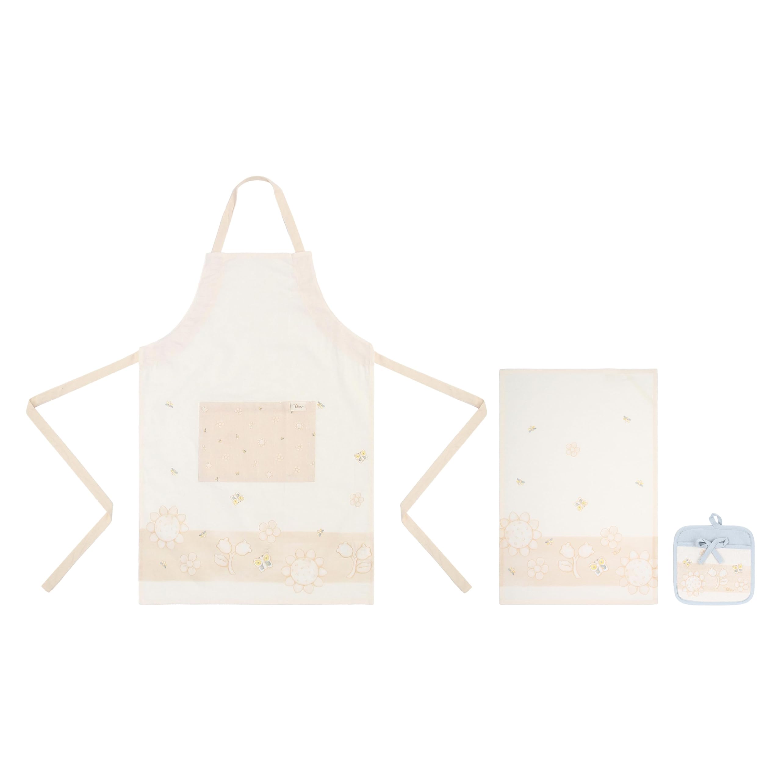 THUN Set presina, strofinaccio e grembiule, 100% cotone, Collezione Elengance, presina 20 x 20 cm strofinaccio 40 x 60 cm