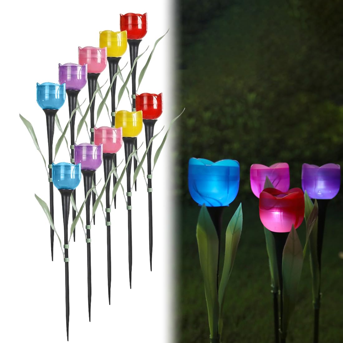 Wrqioo Colorful 10Pcs Solar Tulip Flower Stake Lights, Solar Flower Lights Outdoor Garden, Waterproof Multi-Color So-Lar Pathway Lighting Flowers For Yard, Patio, Fence, Garden Decorations