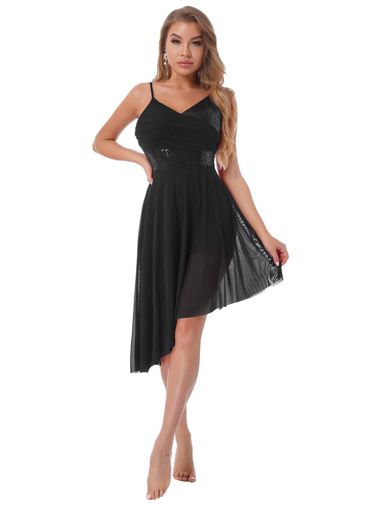 JanJean Womens Lyrical Shiny Sequin Irregular High Low Ballet Dance Dress Leotard Cami Dress Tutu Skirt Black Medium
