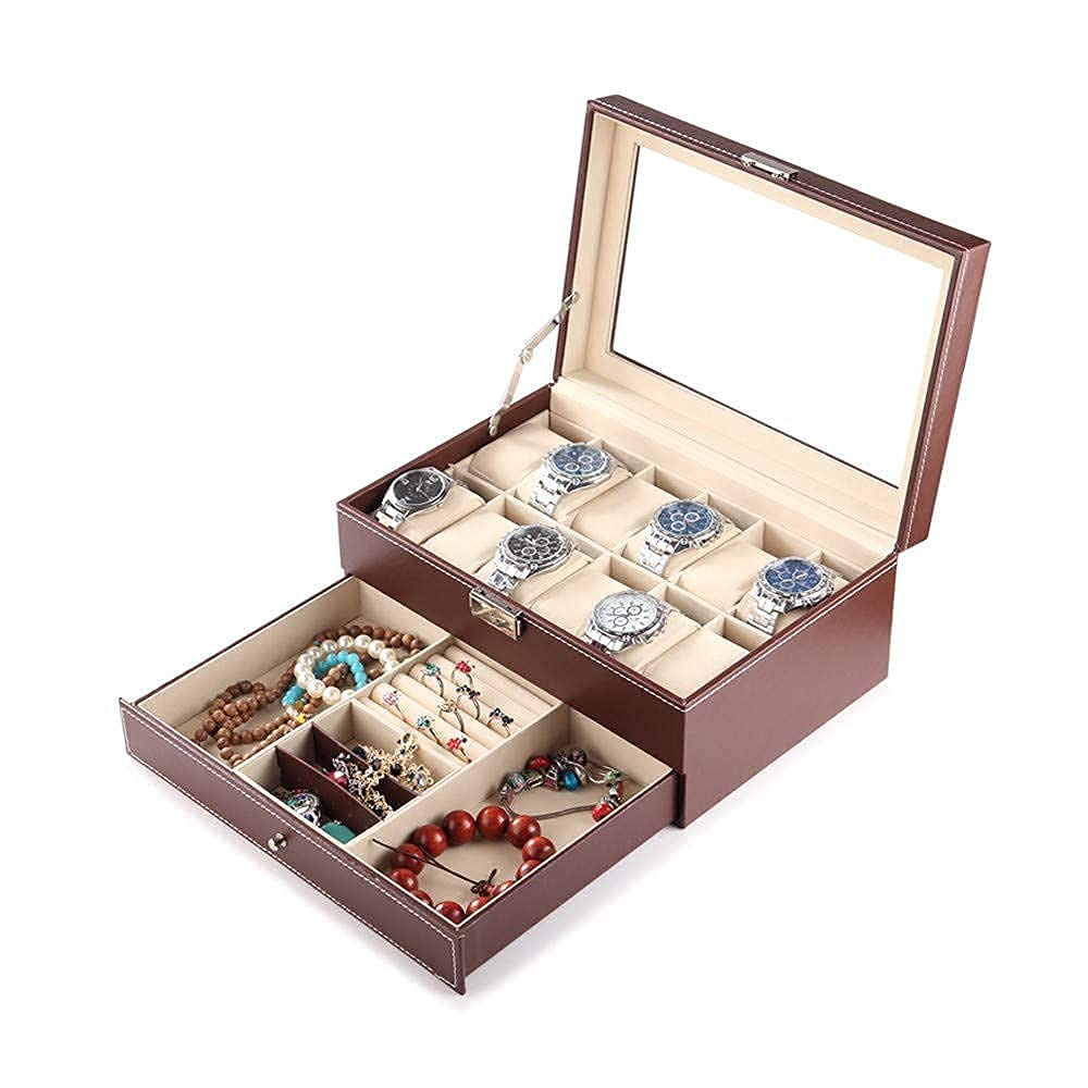 TIANQIHAO Jewelry Box Wristwatch Box Organizer 12 Slot Double Layer Pu Leather Case Organizer With Jewellery Tray Drawer For Storage And Display, Brown