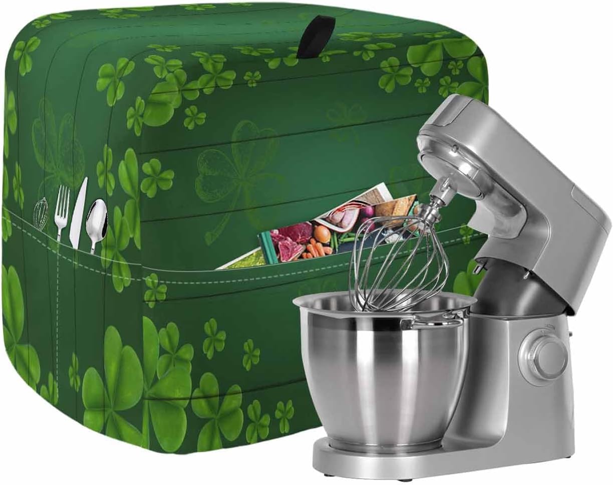 St. Patrick's Day Stand Mixer Cover with Storage Pocket, Waterproof Kitchen Mixer Covers, Green Shamrock Wooden Grain Spring Kitchen Appliance Dust Cover Compatible with 4/4.5 Quart Mixers