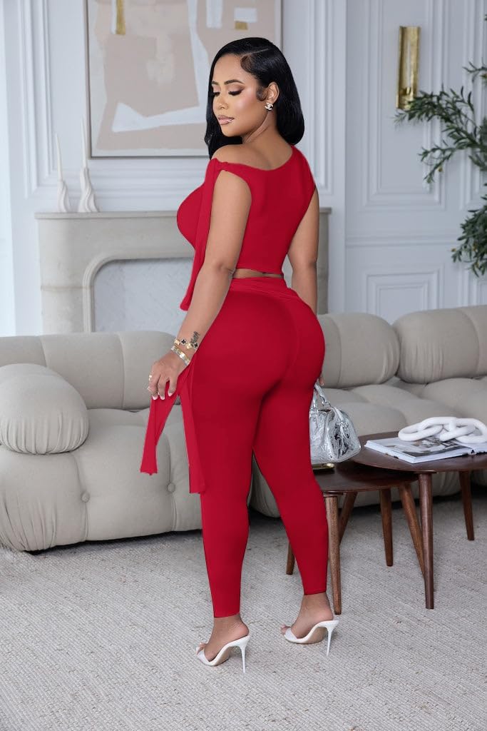 Vssjavun Women 2 Piece Outfits Sexy One Shoulder Sleeveless Crop Tops High Waist Bodycon Matching Long Pants Sets - Image 4