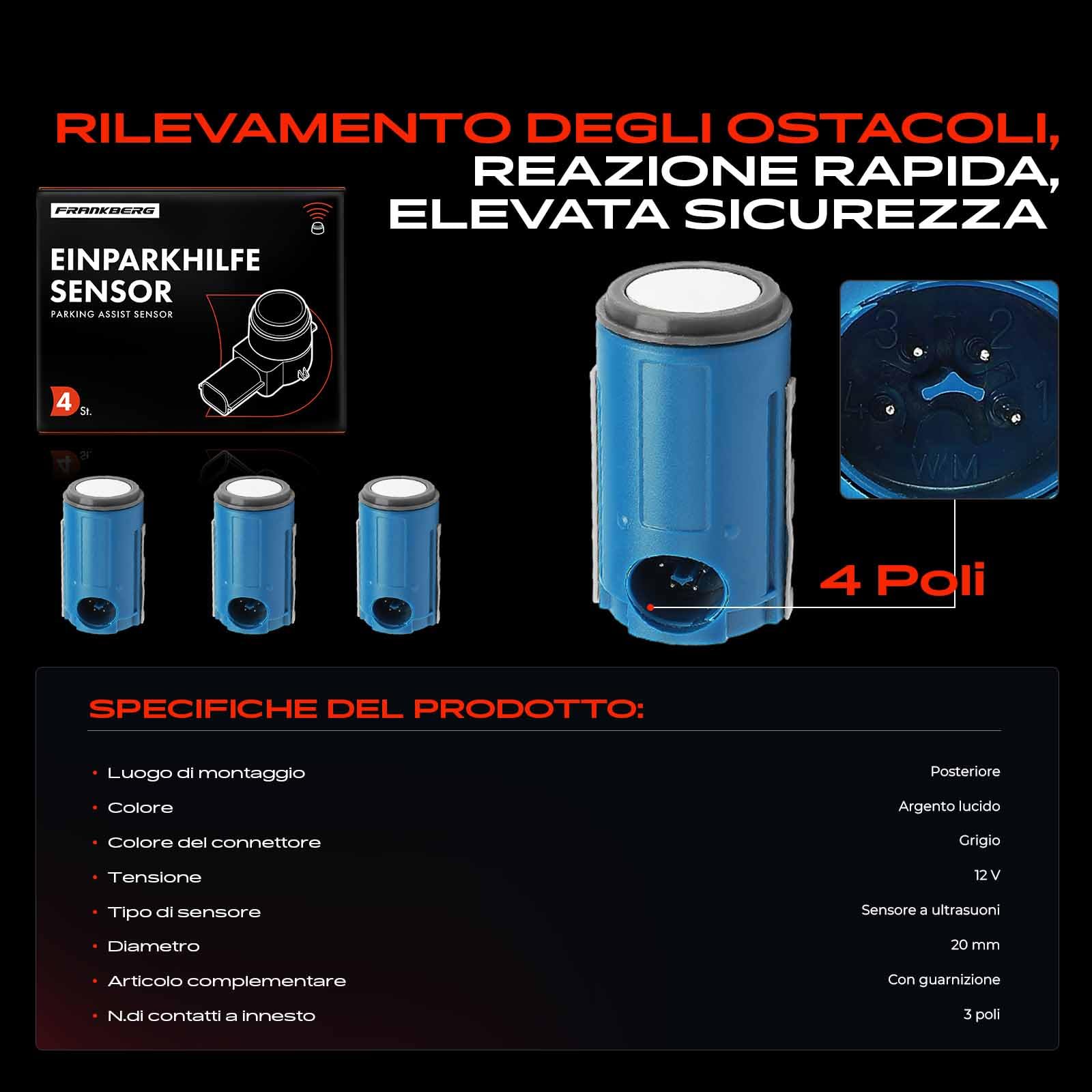 Frankberg 4 sensori di parcheggio PDC a 4 Poli posteriori e anteriori | Compatibile con: Classe C W202, Classe V 638/2, CLK C208, Classe E W210, Classe E, modello T, S210, Vito Van W638