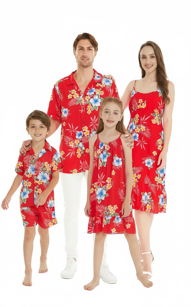 Matchable Family Hawaiian Luau Men Women Girl Boy Clothes in Hibiscus Red