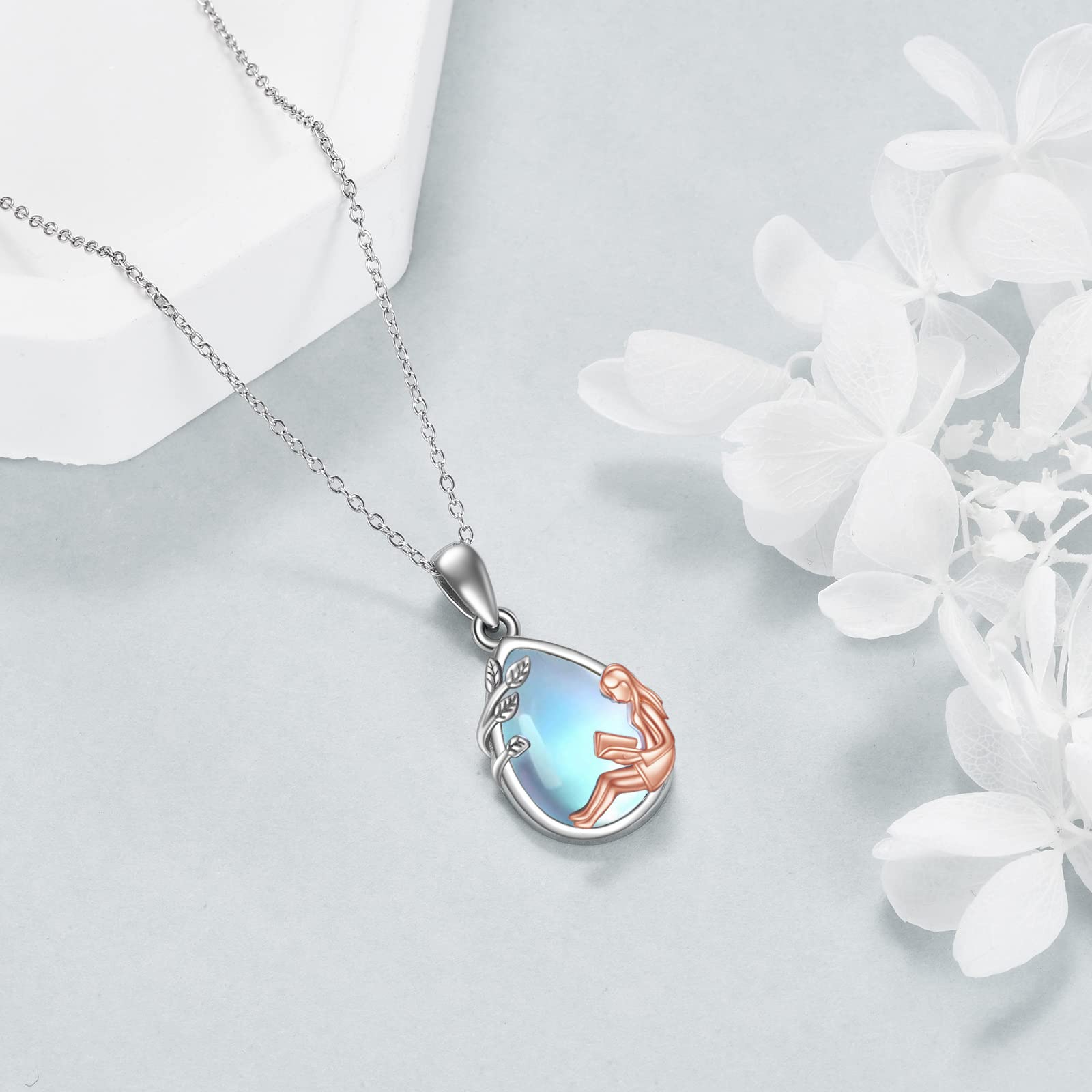 YFN Regalo per libri in argento Sterling, con ciondolo a forma di libro, con pietra di luna, per donne, ragazze, amanti dei libri