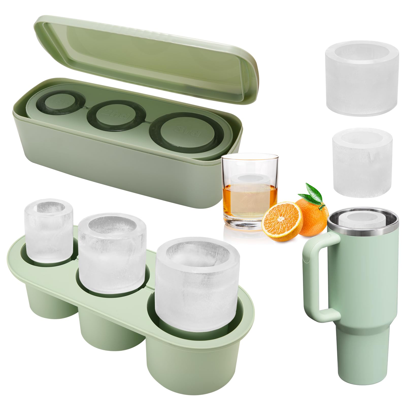 Ice Cube Tray for Stanley Cup, 3IN1 Ice Mold for Tumbler Cup (3 SIZES FITS 20Oz - 40Oz) Silicone Ice Cube Maker Tray with LID&BIN, Allows You To Better Enjoy Chilled Drinks, Cocktails, Coffee, Juice