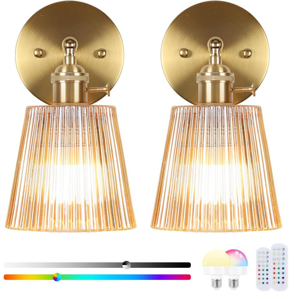 AoLa Lampada da parete LED batteria Luci da parete wireless interni dimmerabile 15 colori RGB con telecomando timer illuminazione da parete vintage batteria 2500mAh lampada da lettura,Amber,2 Stück