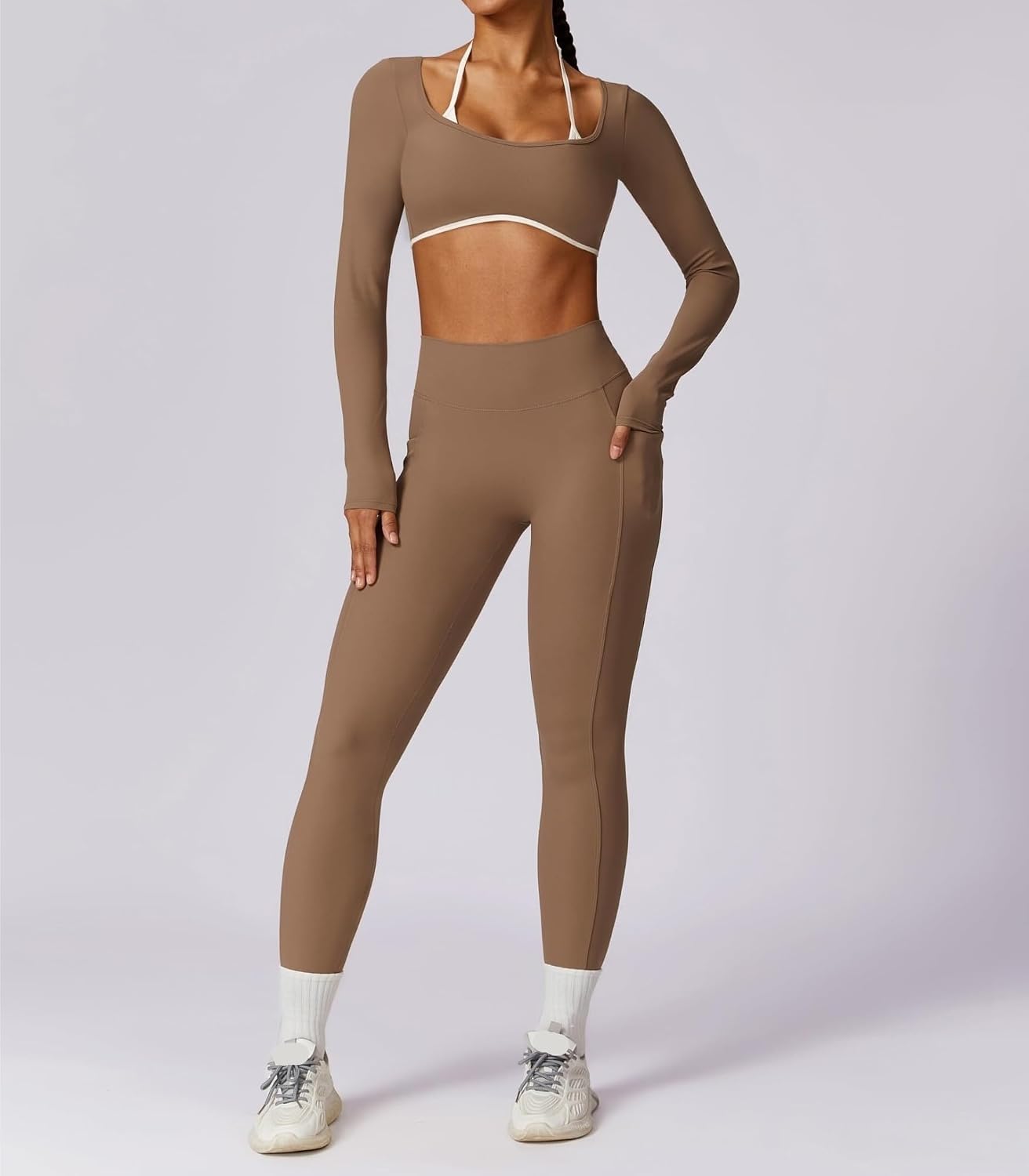 2025 Workout Sets for Women Long Sleeve Crop Top Open Back Yoga Shirts V Nack Scrunch Butt High Waist(Brown,X-Large)