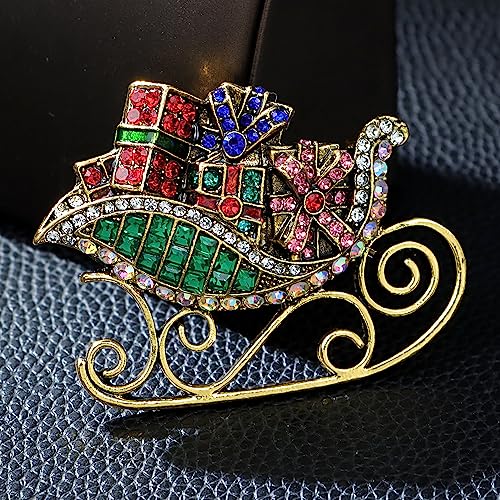 Image of Christmas Sleigh Ride Brooch Pin for Women Girls Men Multi-Colored Rhinestone Sled Presents Pins Clip Lapel Sweater Scarves Jackets Dress Brooches Pins Dainty Clothes Accessories Jewelry Gifts Xmas