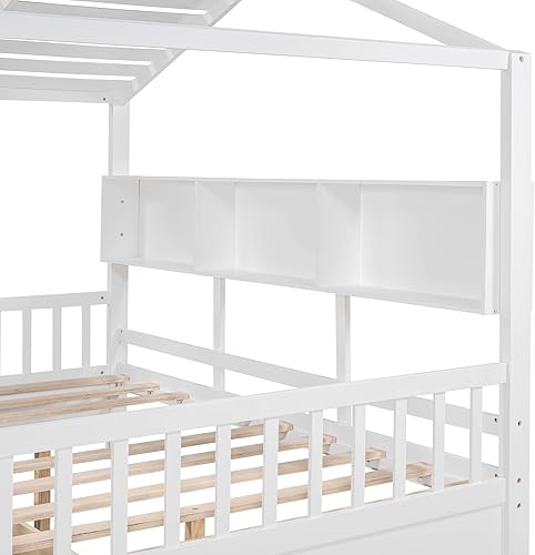 Miniatura 241 de Cama de casa de tamaño individual con 2 cajones, marco de cama de madera y barandilla de seguridad. Ahorra espacio, ideal para el dormitorio de un